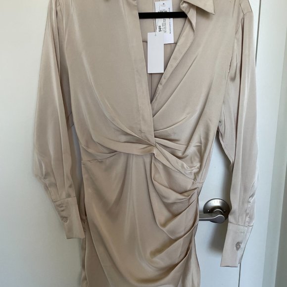 Beige Champagne Silk Long-sleeve Dress - Picture 2 of 4